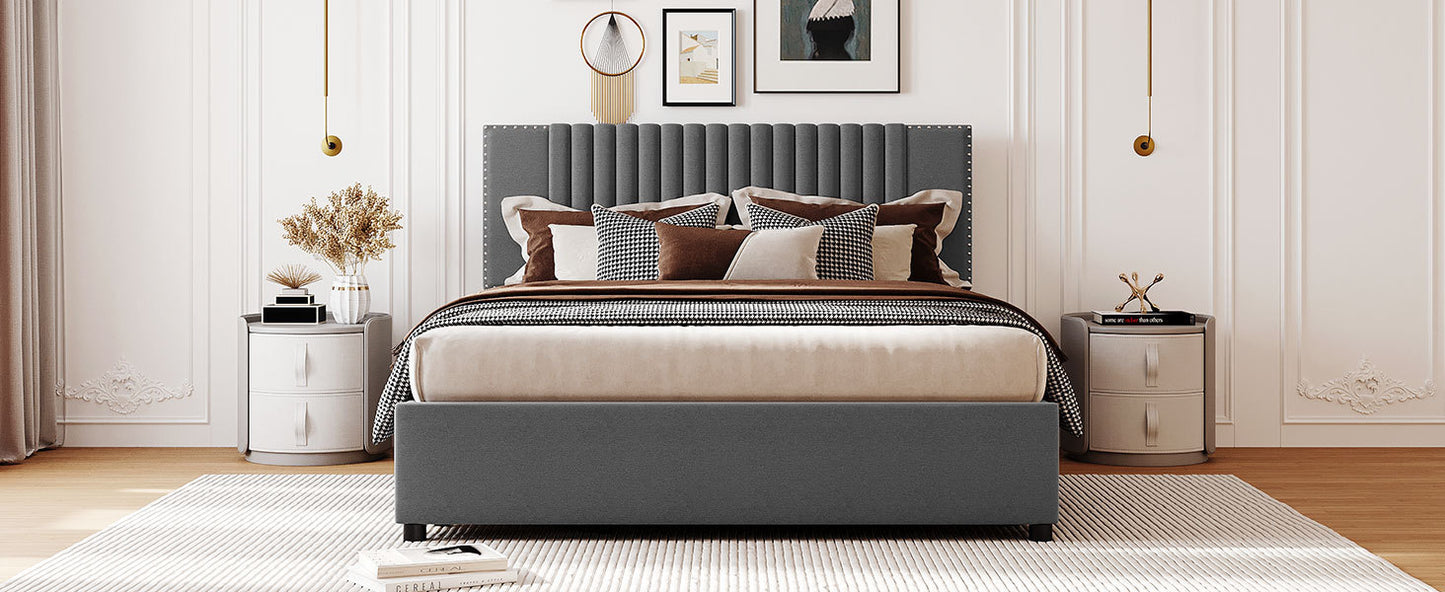 Queen Size Upholstered Platform Bed with Classic Headboard and 4 Drawers, Linen Fabric, Gray
