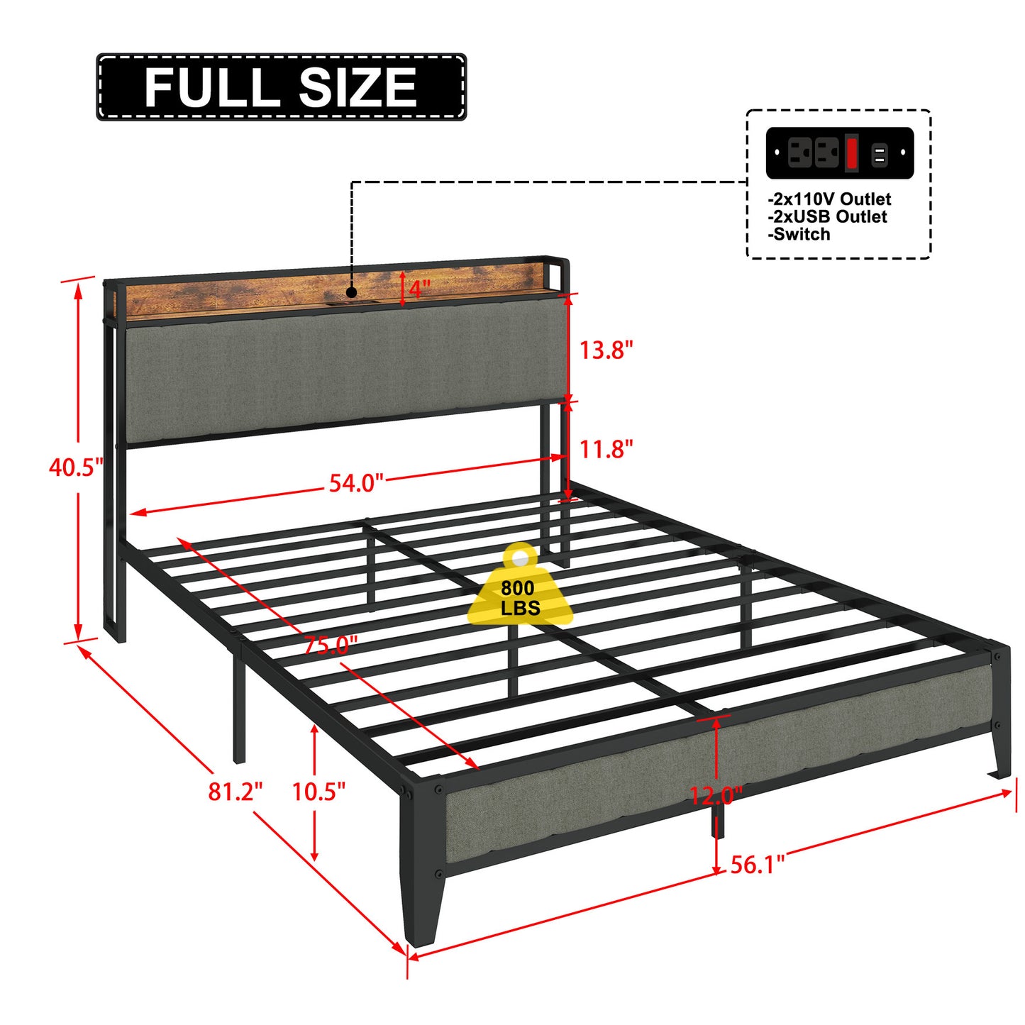 Full Bed Frame with Charging Station, Metal Platform, Dark Grey
