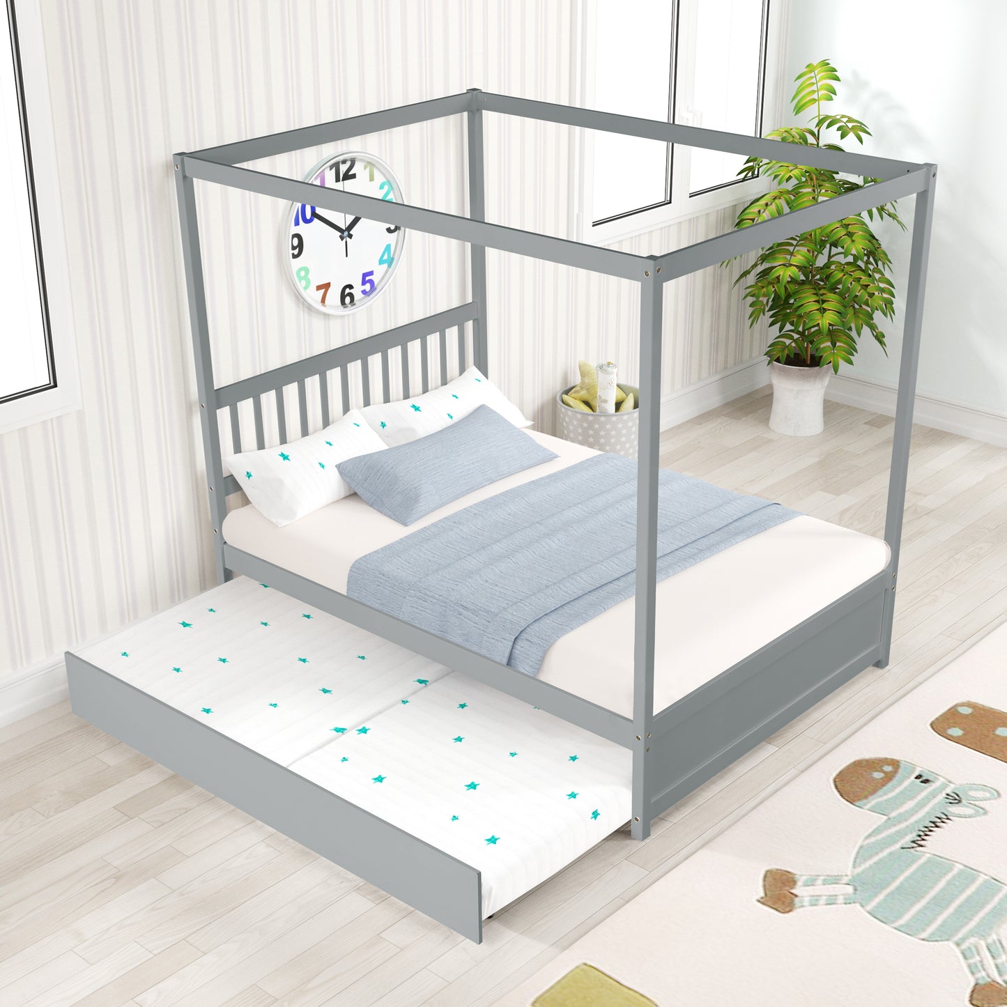 Full Size Canopy Bed with Twin Trundle, Kids Solid Wood Platform Bed Frame w/ Headboard, No Box Spring Needed Grey Color