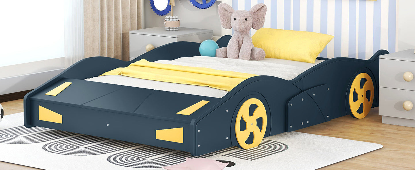 Full Size Race Car-Shaped Platform Bed with Wheels and Storage, Dark Blue+Yellow