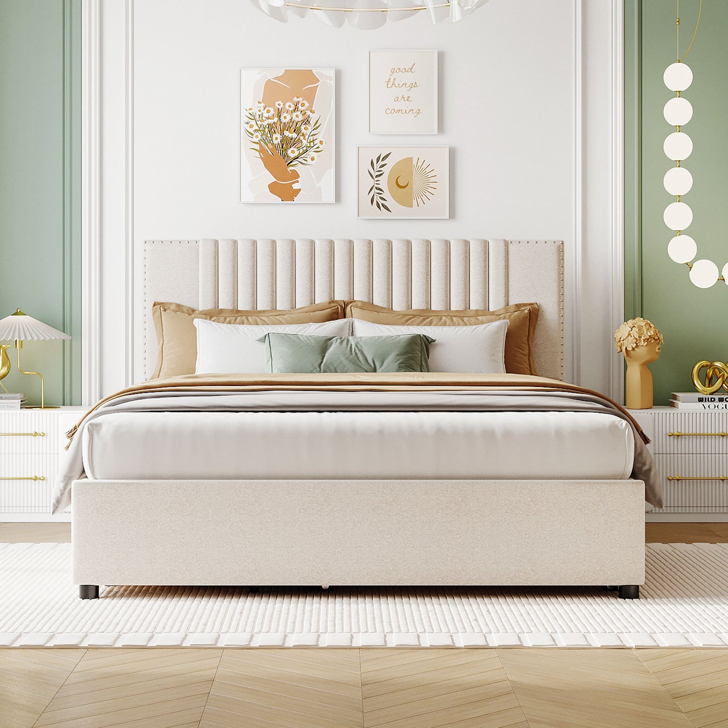 Queen Size Upholstered Platform Bed with 2 Drawers and 1 Twin XL Trundle, Classic Headboard Design, Beige
