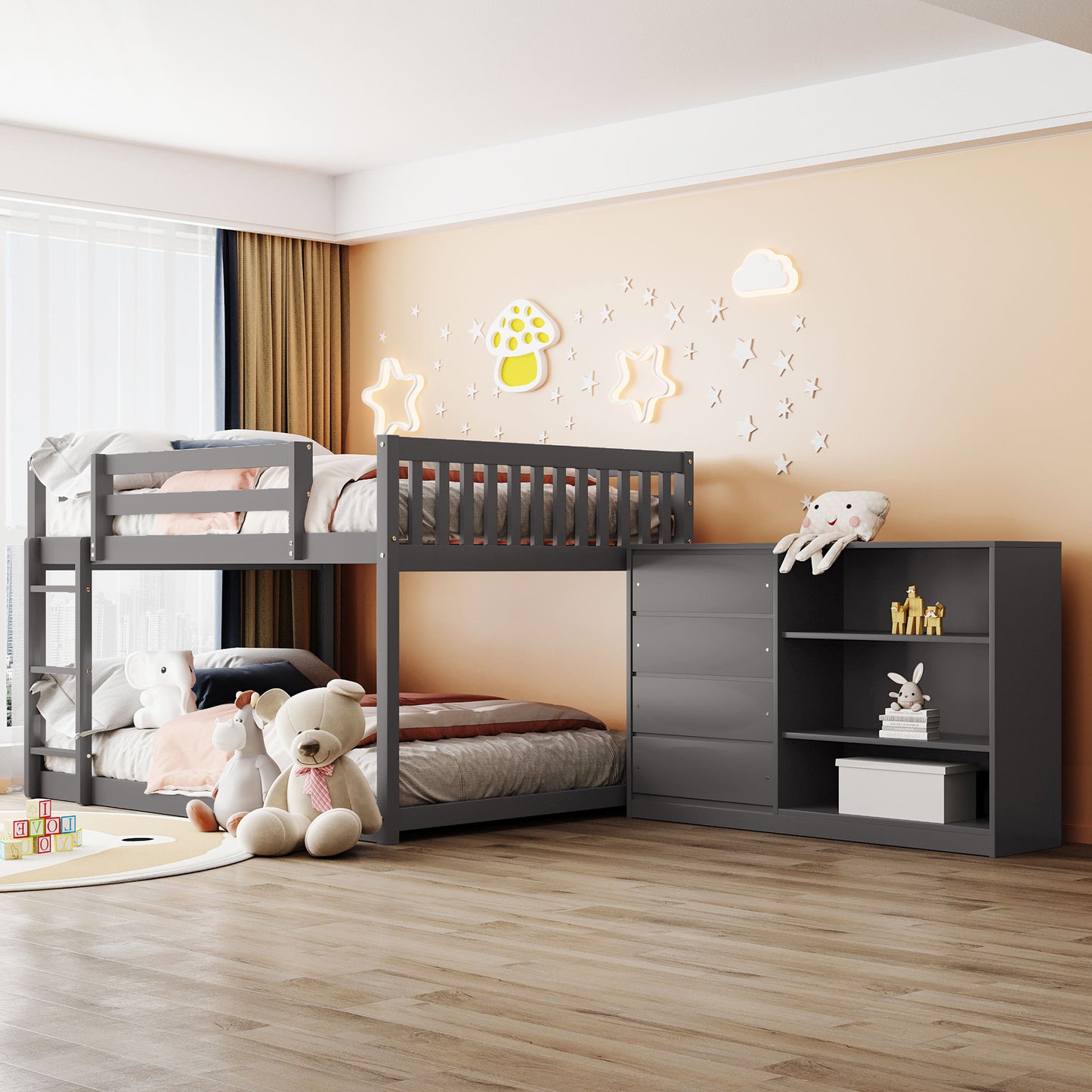 Full over Full Bunk Bed with 4 Drawers and 3 Shelves-Gray
