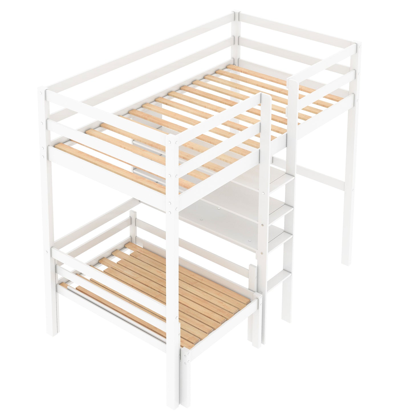 Convertible Loft Bed with L-Shape Desk, Twin Bunk Bed with Shelves and Ladder, White