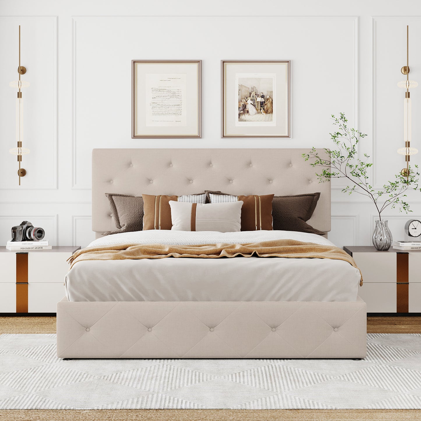 Queen size Upholstered Platform bed with a Hydraulic Storage System - Beige