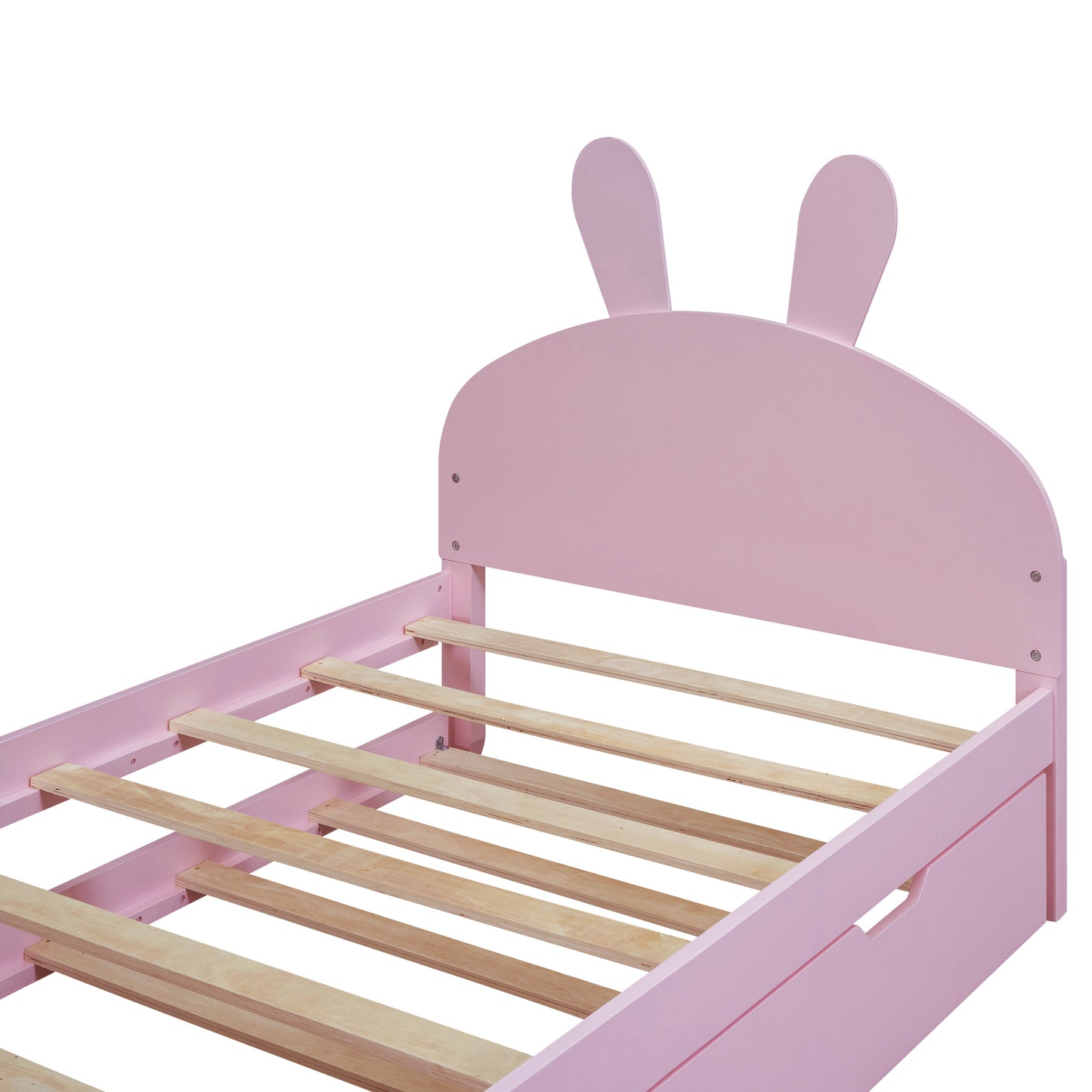 Wood Twin Size Platform Bed with Cartoon Ears Shaped Headboard and Trundle, Pink