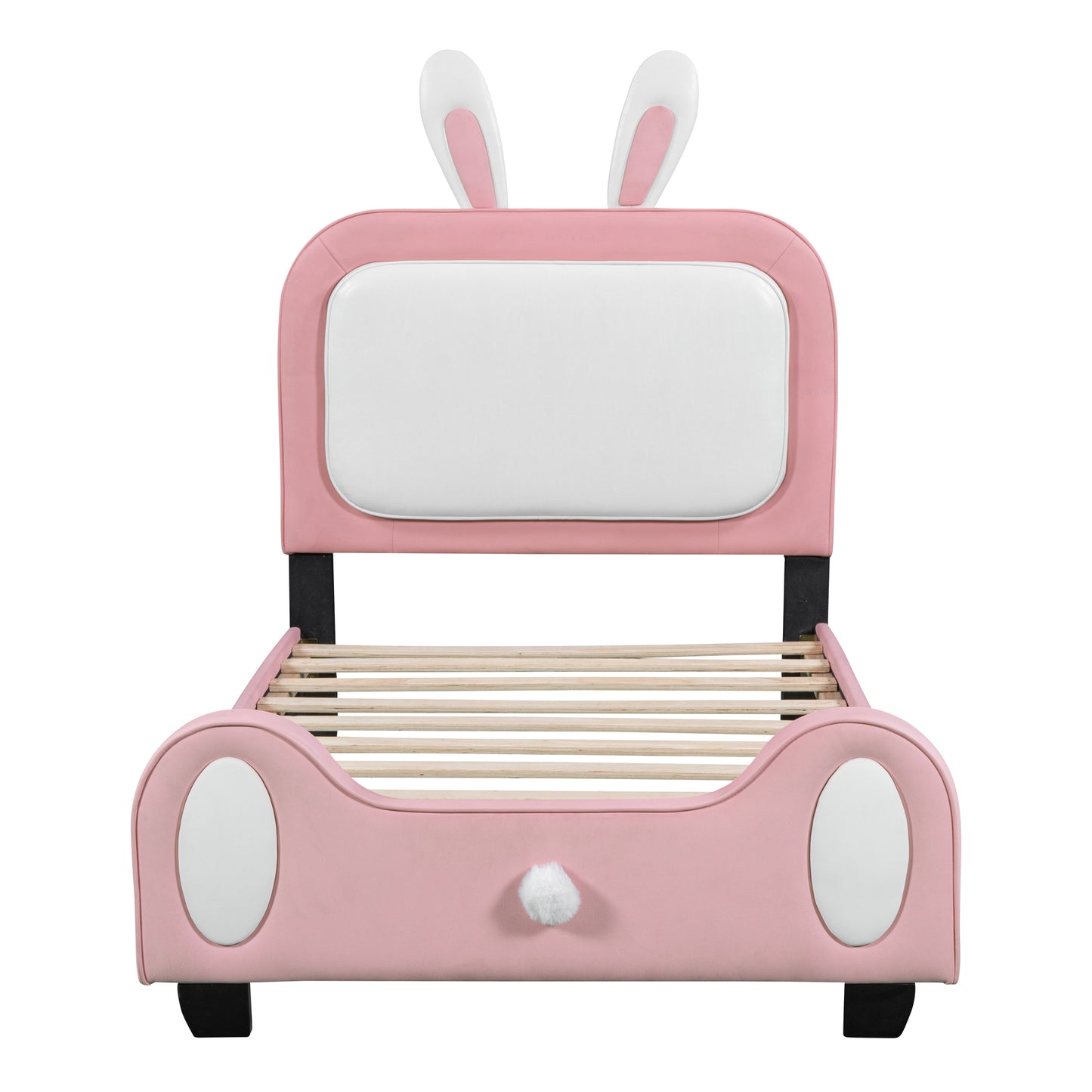 Twin size Upholstered Rabbit-Shape Princess Bed ,Twin Size Platform Bed with Headboard and Footboard,White+Pink