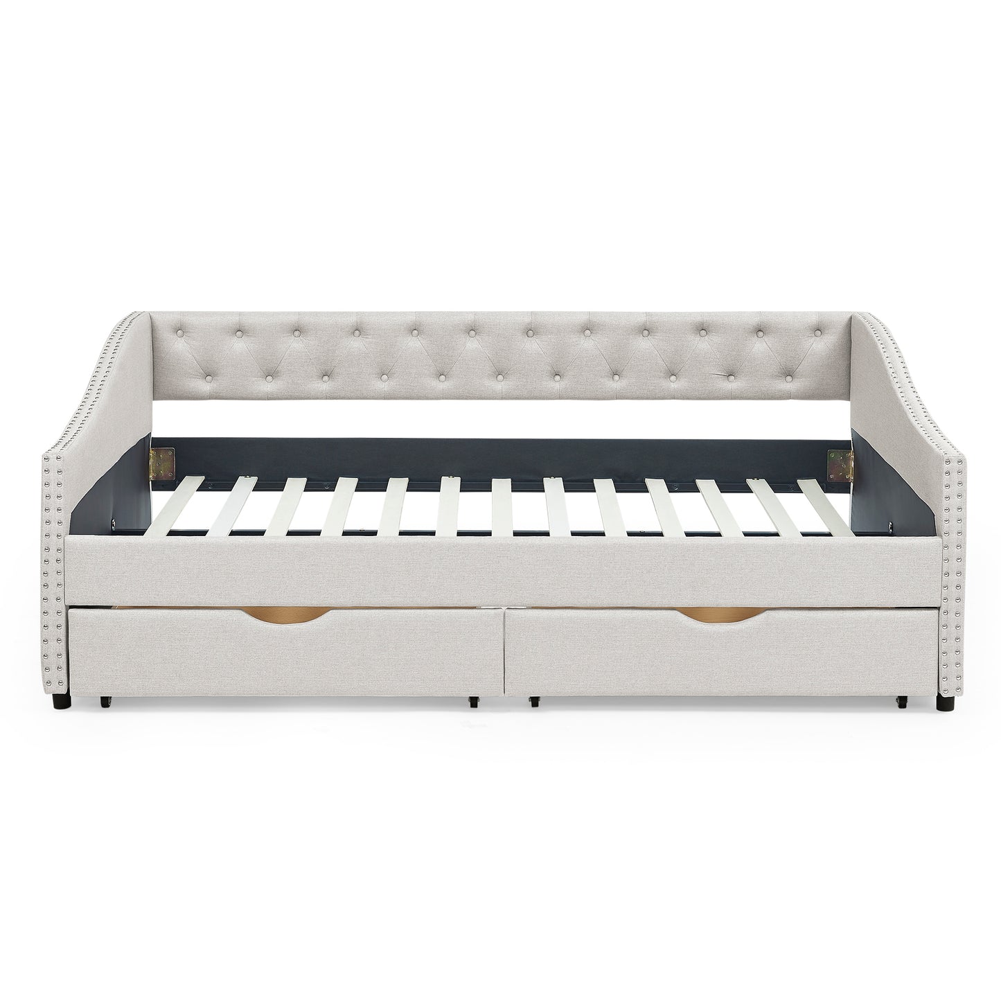 Full Size Daybed with Drawers Upholstered Tufted Sofa Bed, with Button on Back and Copper Nail on Waved Shape Arms, Beige (80.5''x55.5''x27.5'')