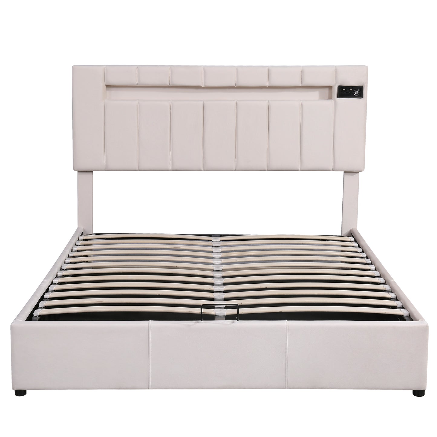 Queen Size Upholstered Platform Bed with LED light, Bluetooth Player and USB Charging, Hydraulic Storage Bed in Beige Velvet Fabric
