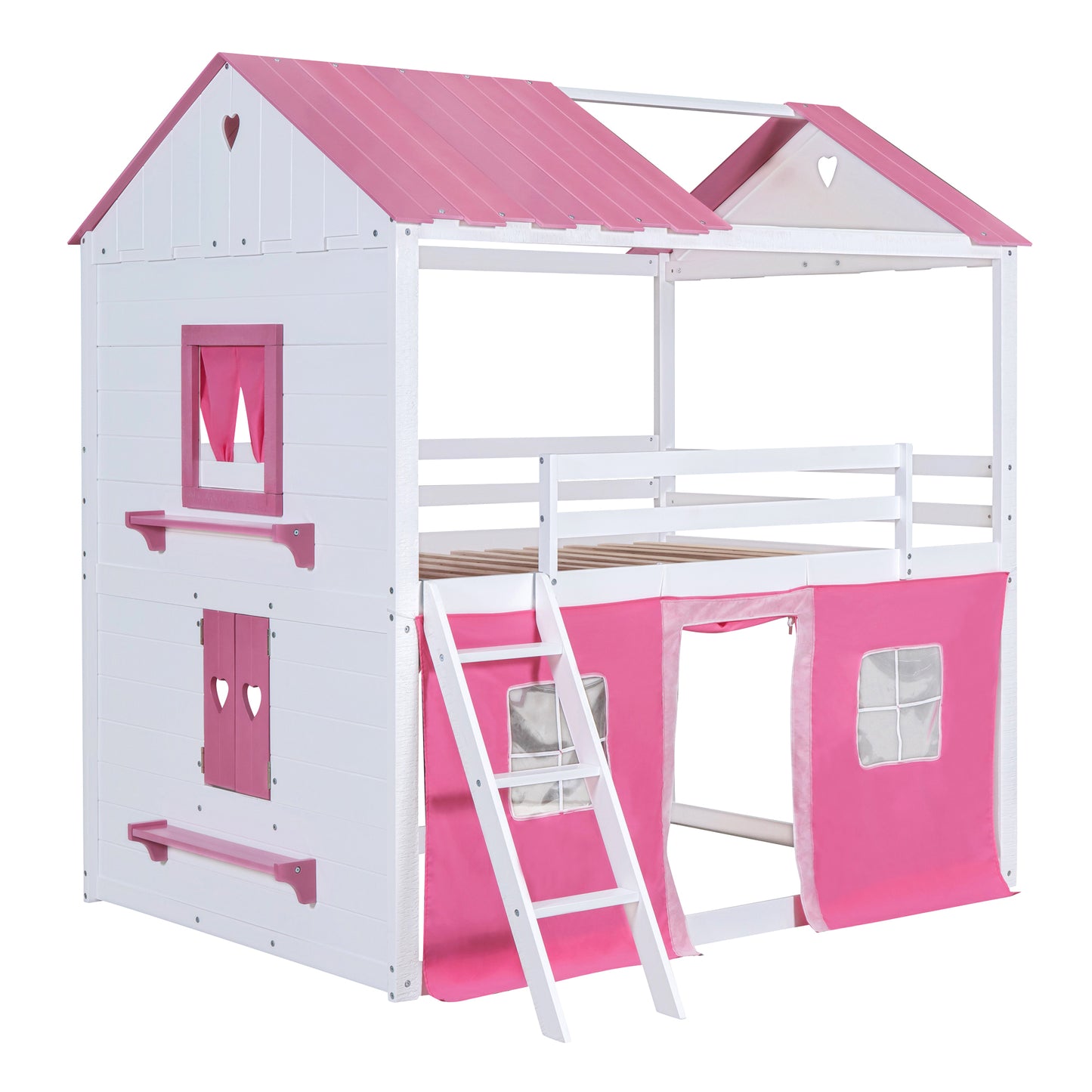 Full Size Bunk Wood House Bed with Elegant Windows, Sills and Tent,  Pink+White