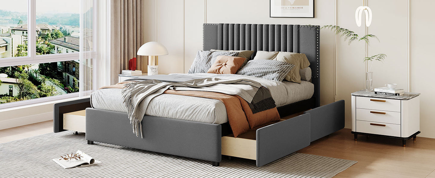 Full Size Upholstered Platform Bed with Classic Headboard and 4 Drawers, Linen Fabric, Gray