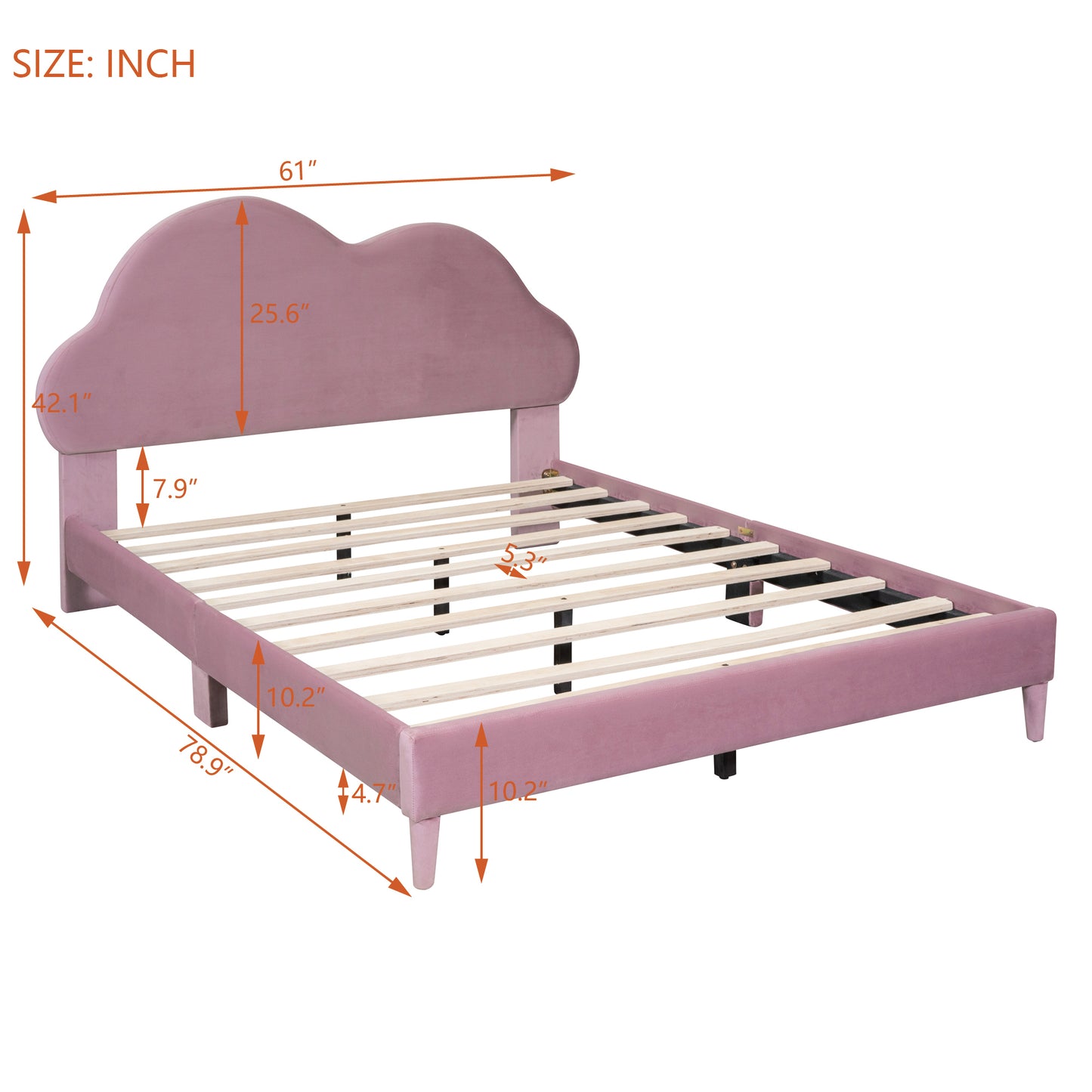 Full size Upholstered Cloud-Shape Bed ,Velvet Platform Bed with Headboard,No Box-spring Needed,Pink