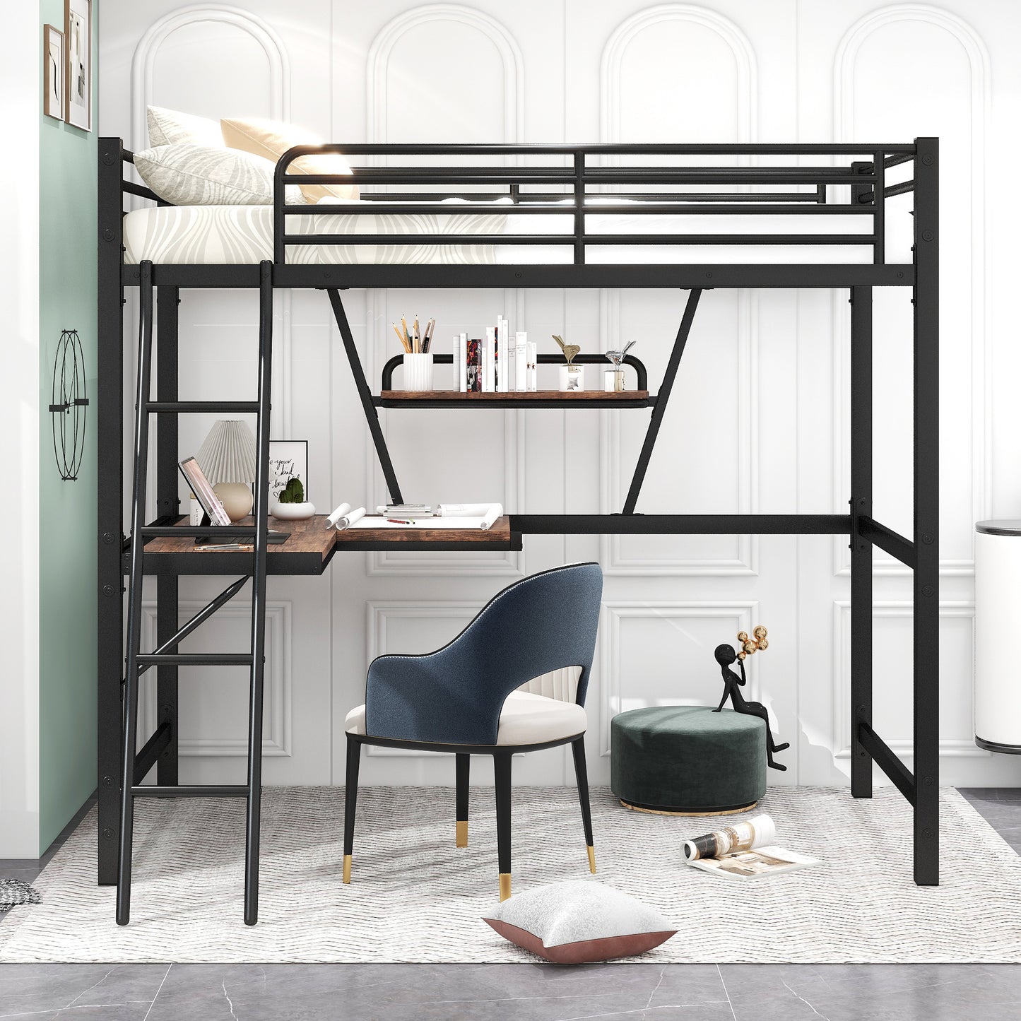 Twin Size Loft Metal&MDF Bed with Desk and Shelf, Black