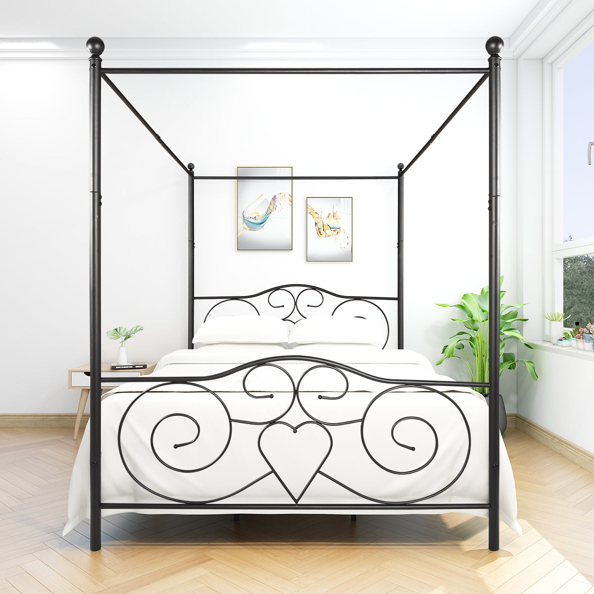 Metal Canopy Bed Frame with Vintage Style Headboard & Footboard , Easy DIY Assembly All Parts Included, Queen Black(same as 748G-BK)