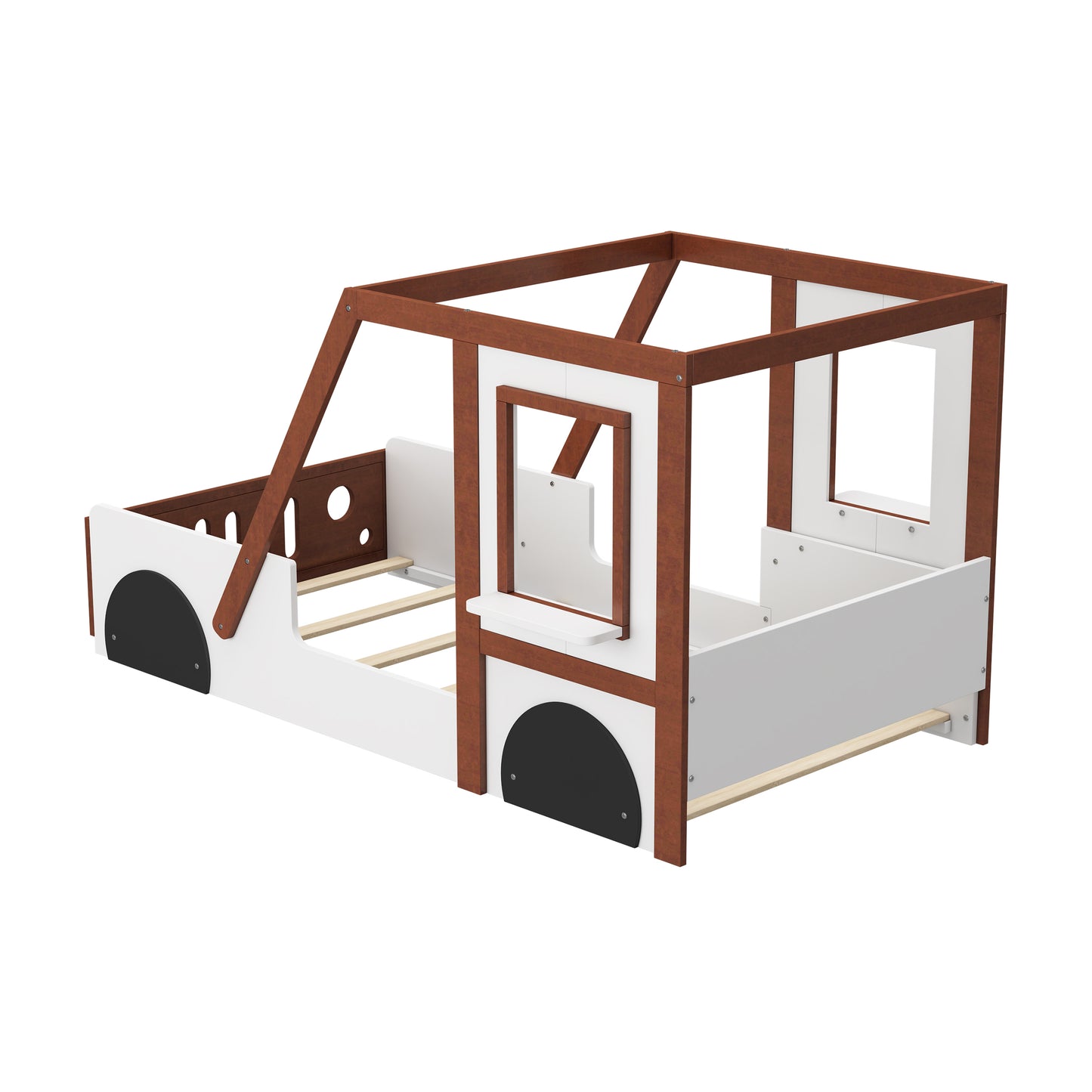 Fun Play Design Twin Size Car Bed, Kids Platform Bed in Car-Shaped for Kids Boys Girls Teens,White+ Orange