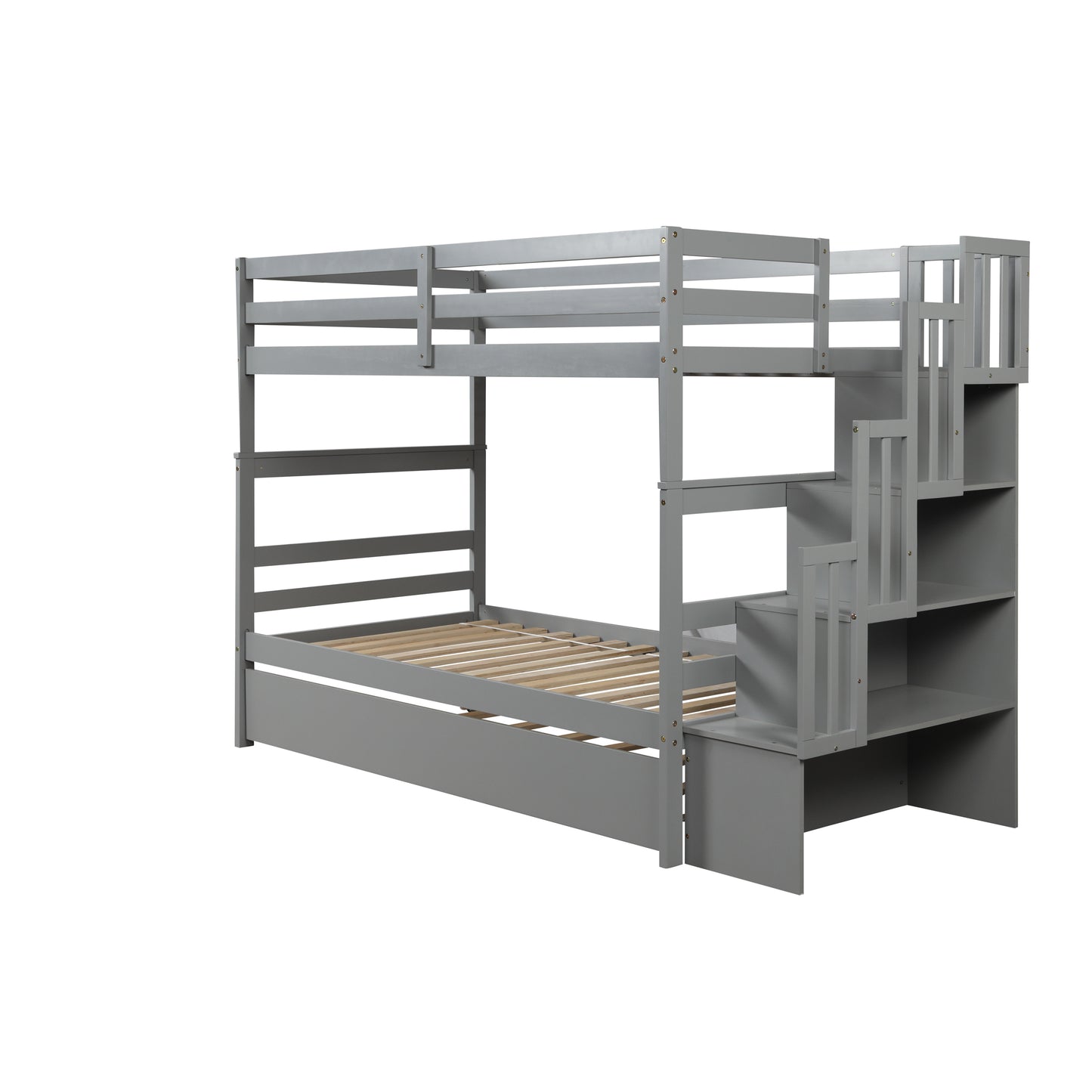 Twin over Twin Bunk Beds With Twin Trundle and Stairway Storage Function in Grey Color