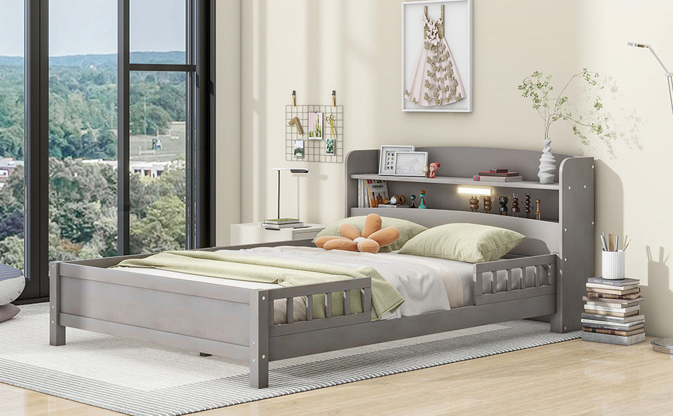 Wood Full Size Platform Bed with Built-in LED Light, Storage Headboard and Guardrail, Antique Grey