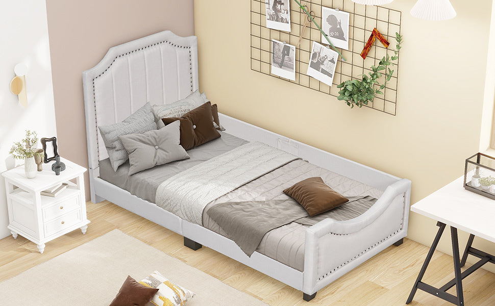 Twin Size Upholstered Platform Bed with Nailhead Trim Decoration and Guardrail, Beige