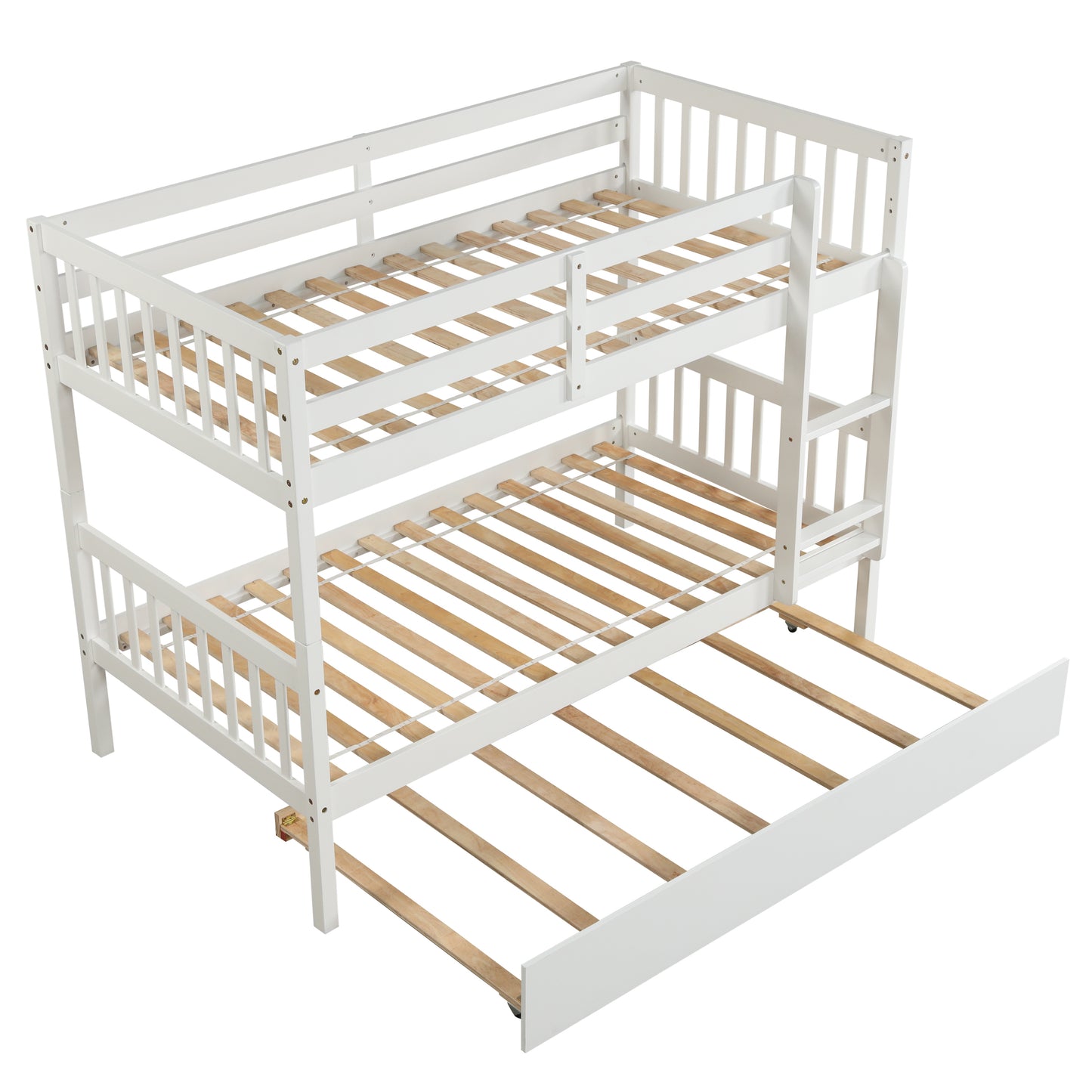 Twin Over Twin Bunk Beds with Trundle, Solid Wood Trundle Bed Frame with Safety Rail and Ladder, Kids/Teens Bedroom, Guest Room Furniture, Can Be converted into 2 Beds, White