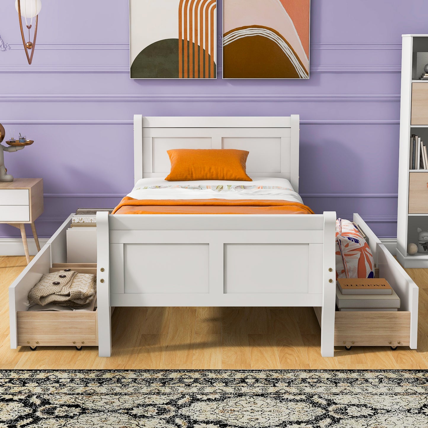 Twin Size Wood Platform Bed with 4 Drawers and Streamlined Headboard & Footboard, White