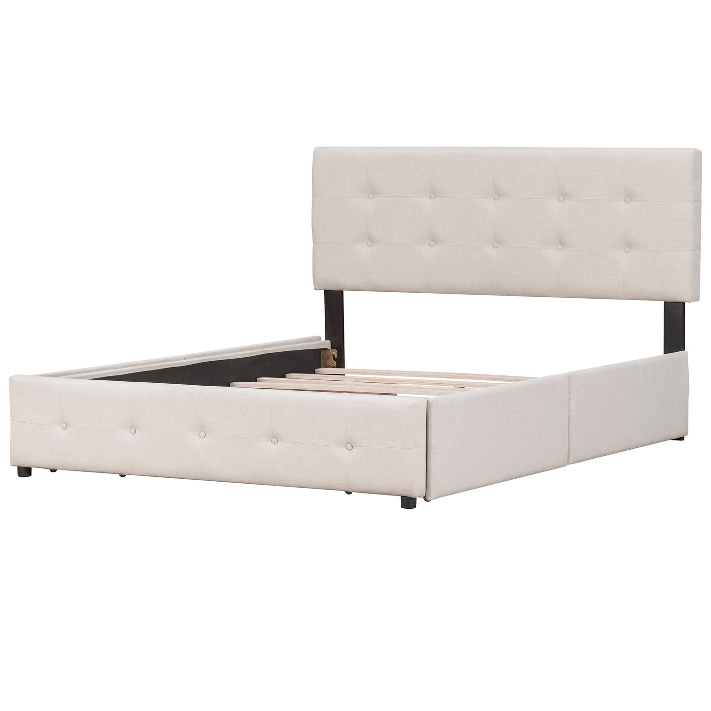 Queen-Size Beige Upholstered Platform Bed with 4 Side Drawers and Button-Tufted Headboard