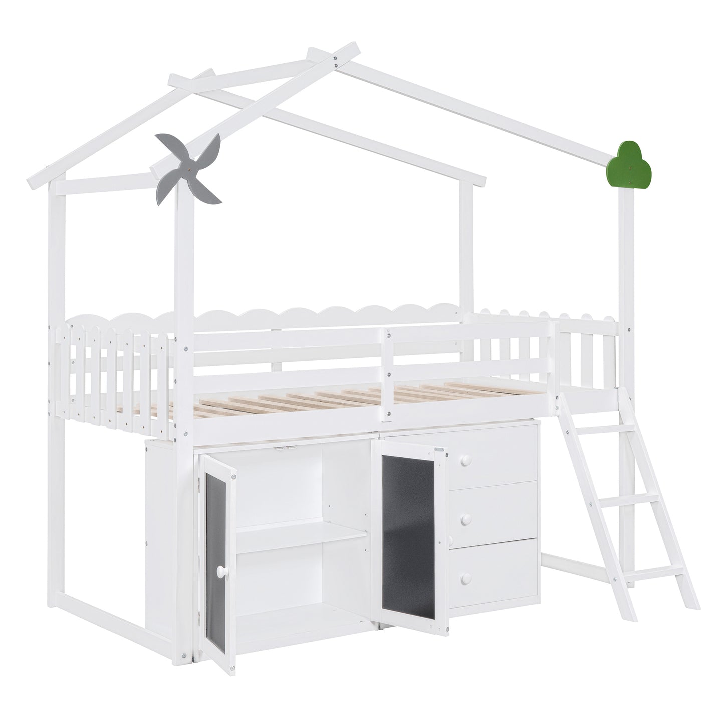 Twin Size House Platform Bed With Cabinet and Drawers, White