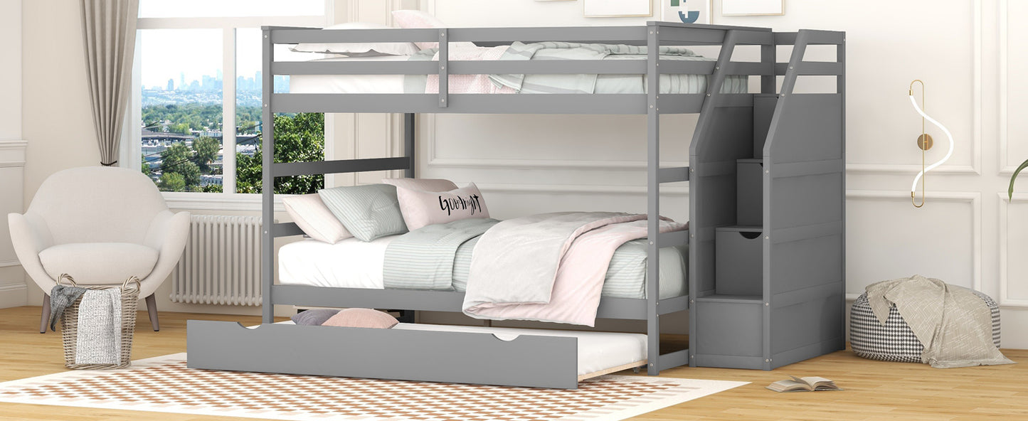 Full-over-Full Bunk Bed with Twin Size Trundle and 3 Storage Stairs,Gray