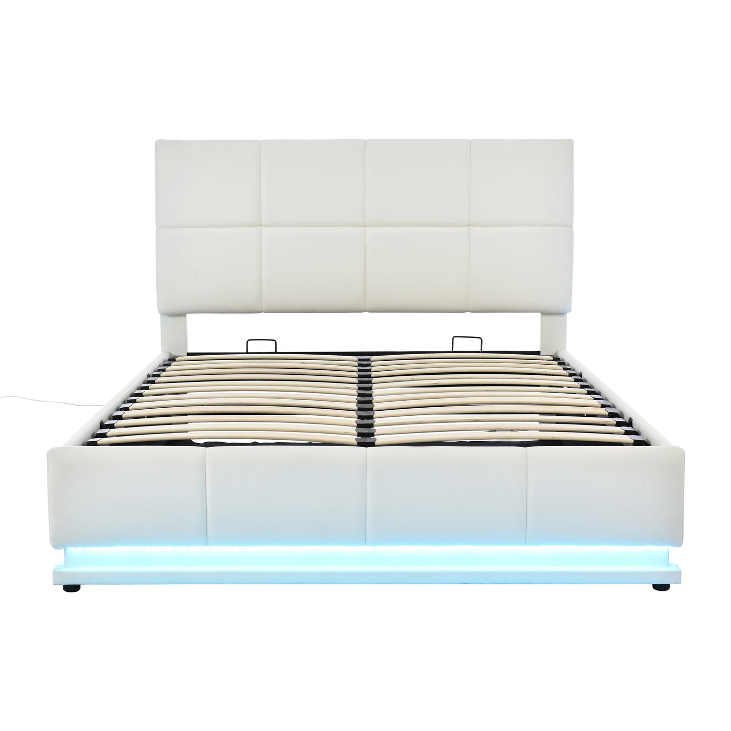Tufted Upholstered Platform Bed with Hydraulic Storage System,Queen Size PU Storage Bed with LED Lights and USB charger, White