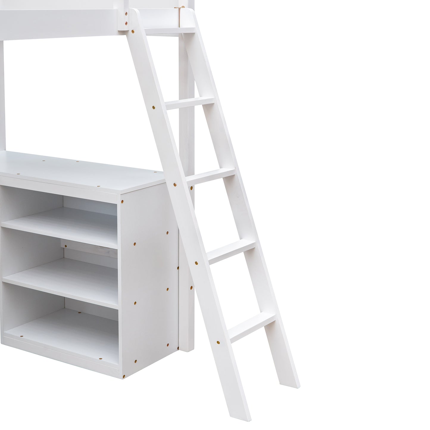 Twin size Loft Bed with Shelves and Desk, Wooden Loft Bed with Desk - White