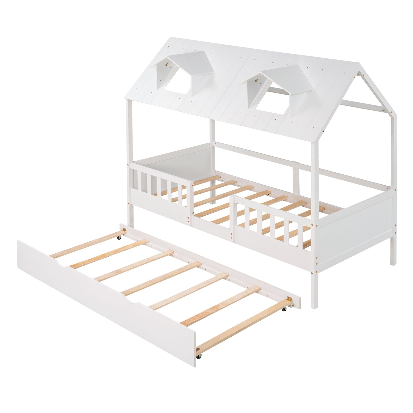 Twin Size Wood House Platform Bed with Twin Size Trundle - White