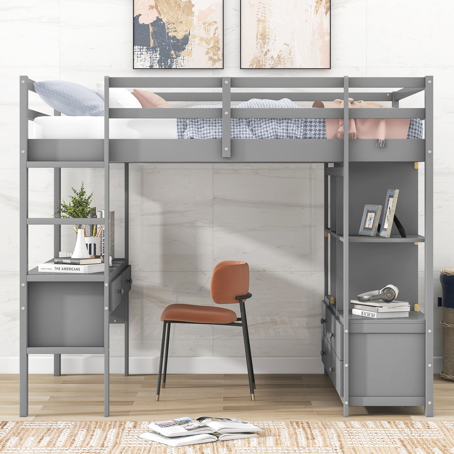 Full Size Loft Bed with Built-in Desk with Two Drawers, and Storage Shelves and Drawers,Gray