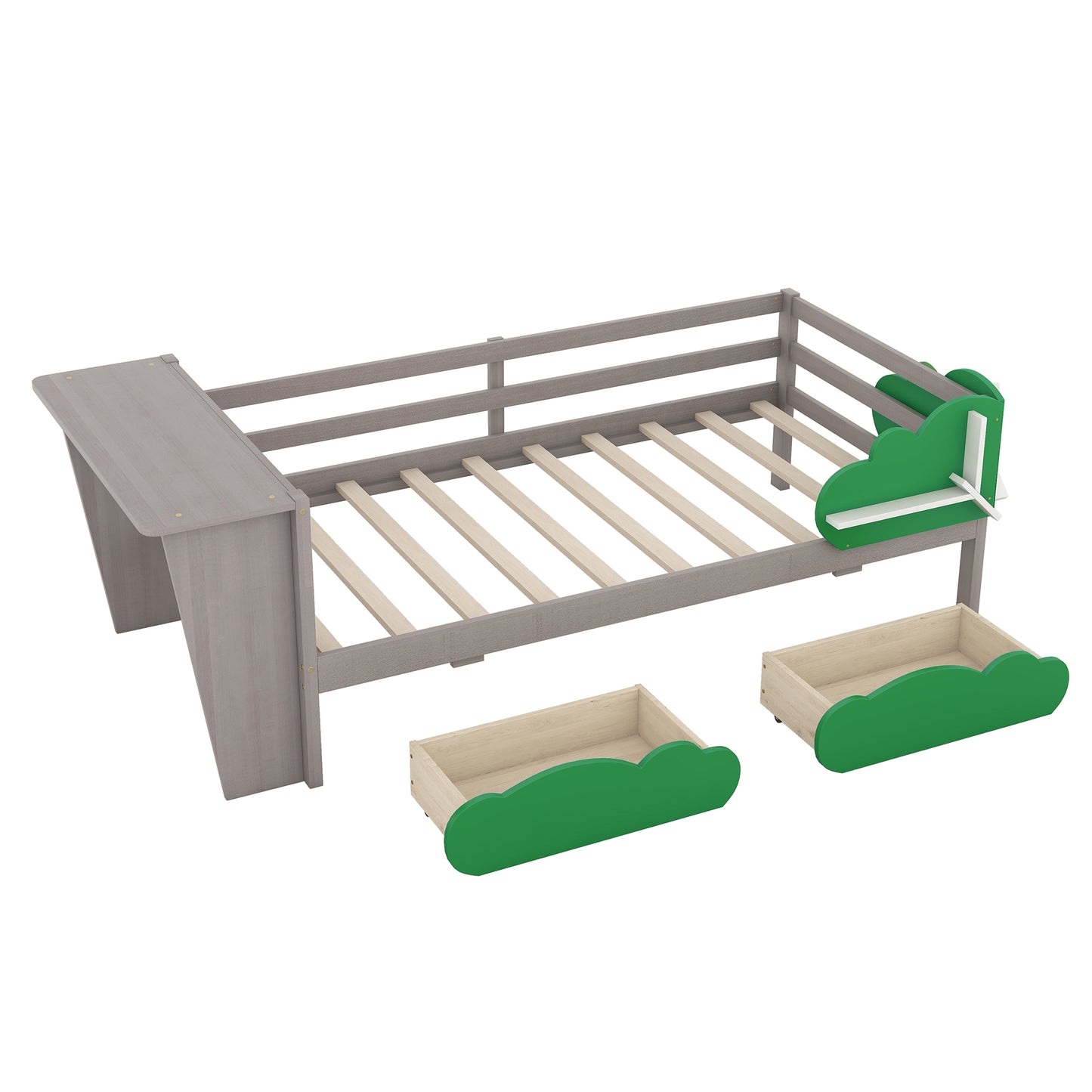 Twin Size Daybed with Desk, Green Leaf Shape Drawers and Shelves, Gray