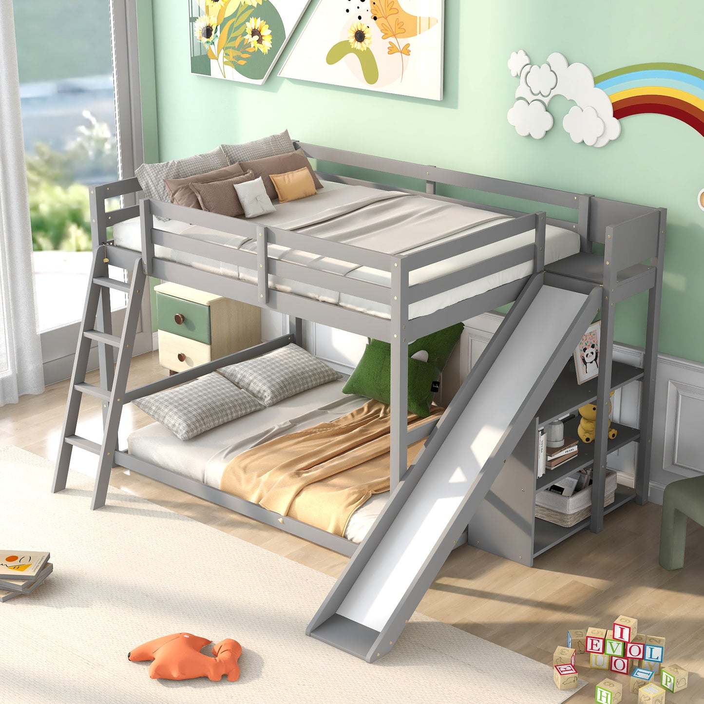 Full over Full Bunk Bed with Ladder, Slide and Shelves, Gray