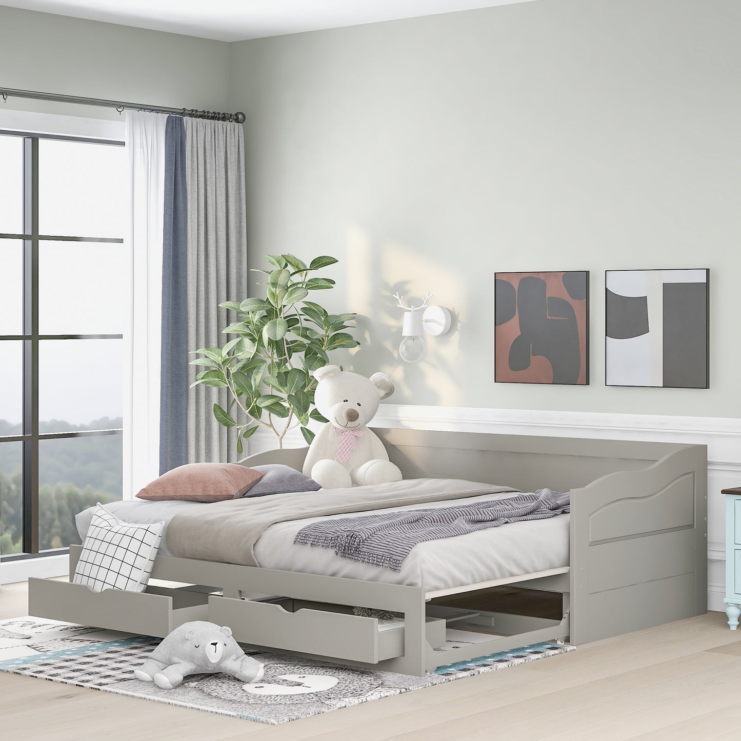 Wooden Daybed with Trundle Bed and Two Storage Drawers , Extendable Bed Daybed,Sofa Bed with Two Drawers, Gray