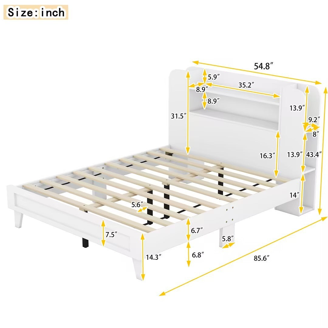 Full Size Platform Bed with Storage Headboard,Multiple Storage Shelves on Both Sides,White