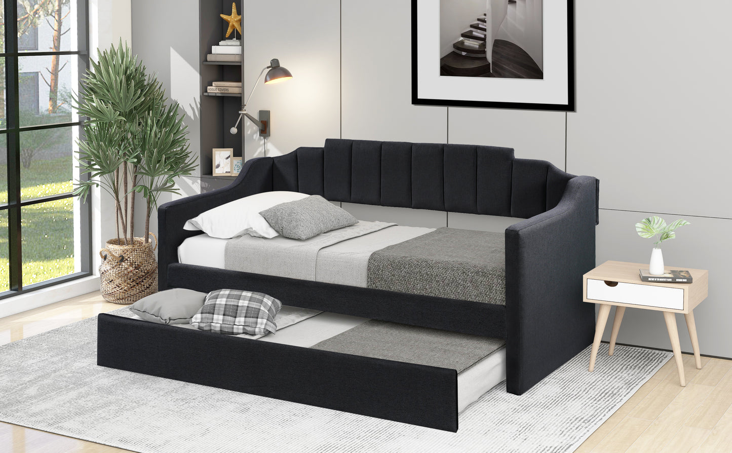 Upholstered Twin Daybed with Trundle,Black