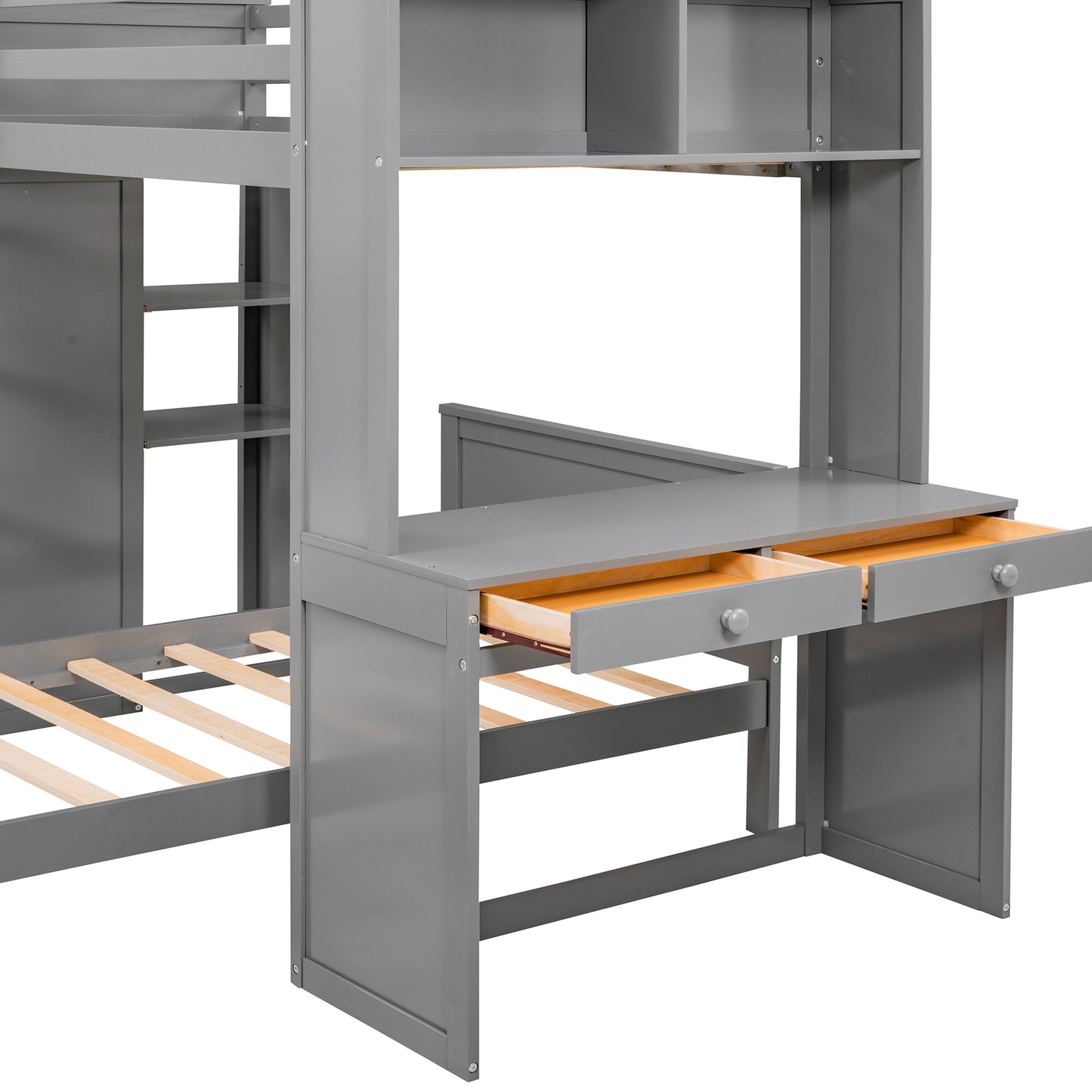 Twin size Loft Bed with a Stand-alone bed, Shelves,Desk,and Wardrobe-Gray