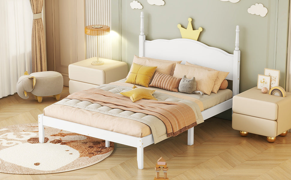 Full Size Wood Platform Bed with Crown Shaped Headboard, White