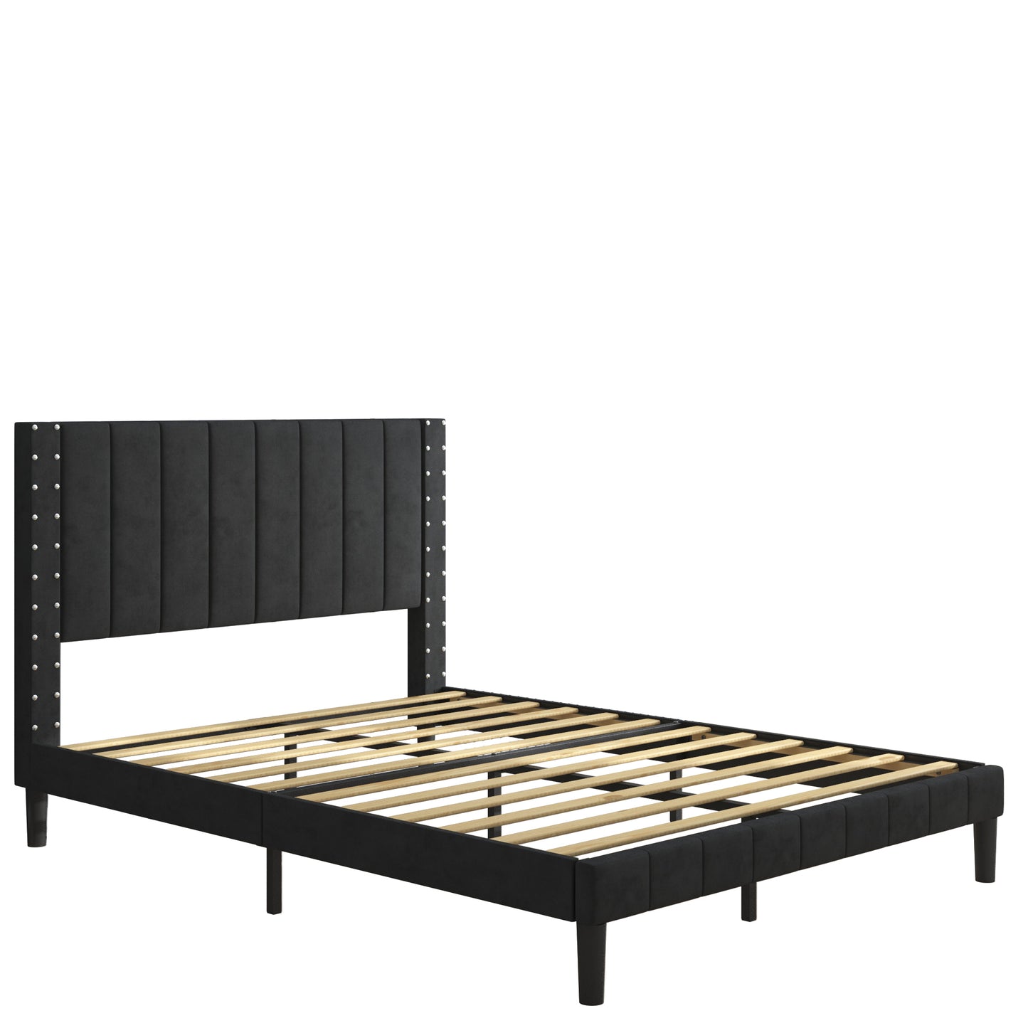 Vertical stripe Upholstered Headboard Platform Bed Frame，With wood Slat Support, Easy Assembly, Twin/Full/Queen  Black