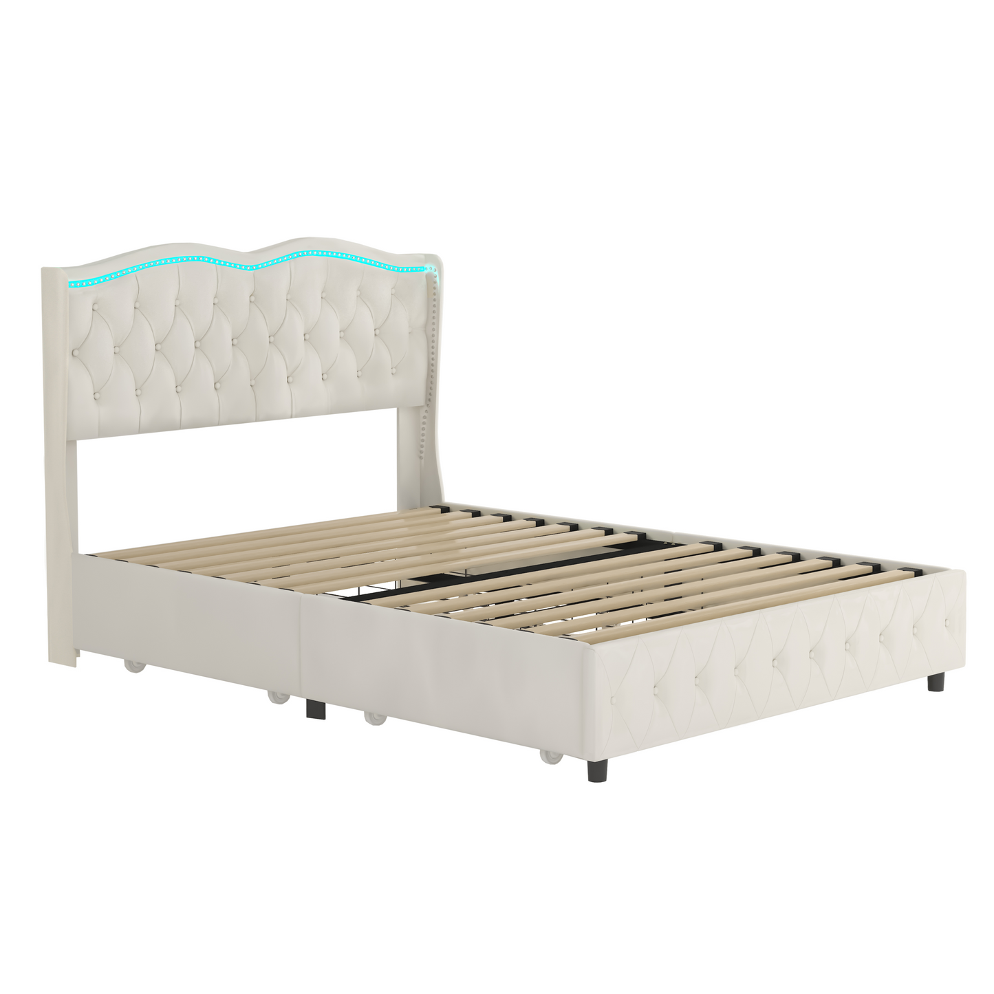 Queen Platform Bed Frame , Velvet Upholstered Bed with Deep Tufted Buttons and Nailhead Trim, Adjustable Colorful LED Light Decorative Headboard, Bed Sides with Pull-Out Storage 4 Drawers, Beige