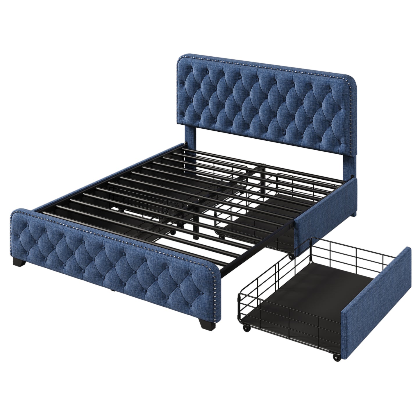 Upholstered Platform Bed Frame with Four Drawers, Button Tufted Headboard and Footboard Sturdy Metal Support, No Box Spring Required, Blue, Queen