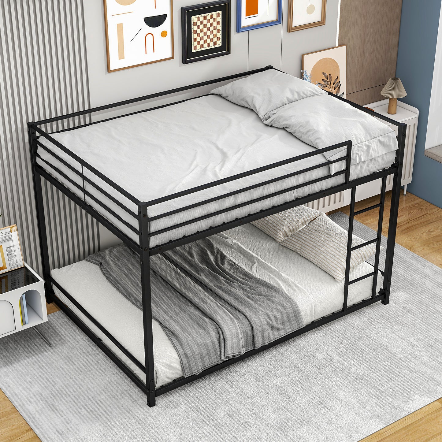 Metal Bunk Bed Full Over Full, Bunk Bed Frame with Safety Guard Rails, Heavy Duty Space-Saving Design, Easy Assembly Black