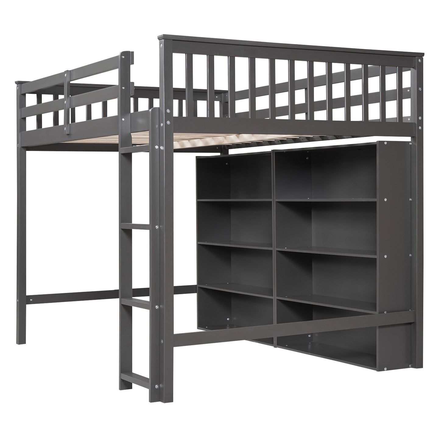 Full Size Loft Bed with 8 Open Storage Shelves and Built-in Ladder, Gray