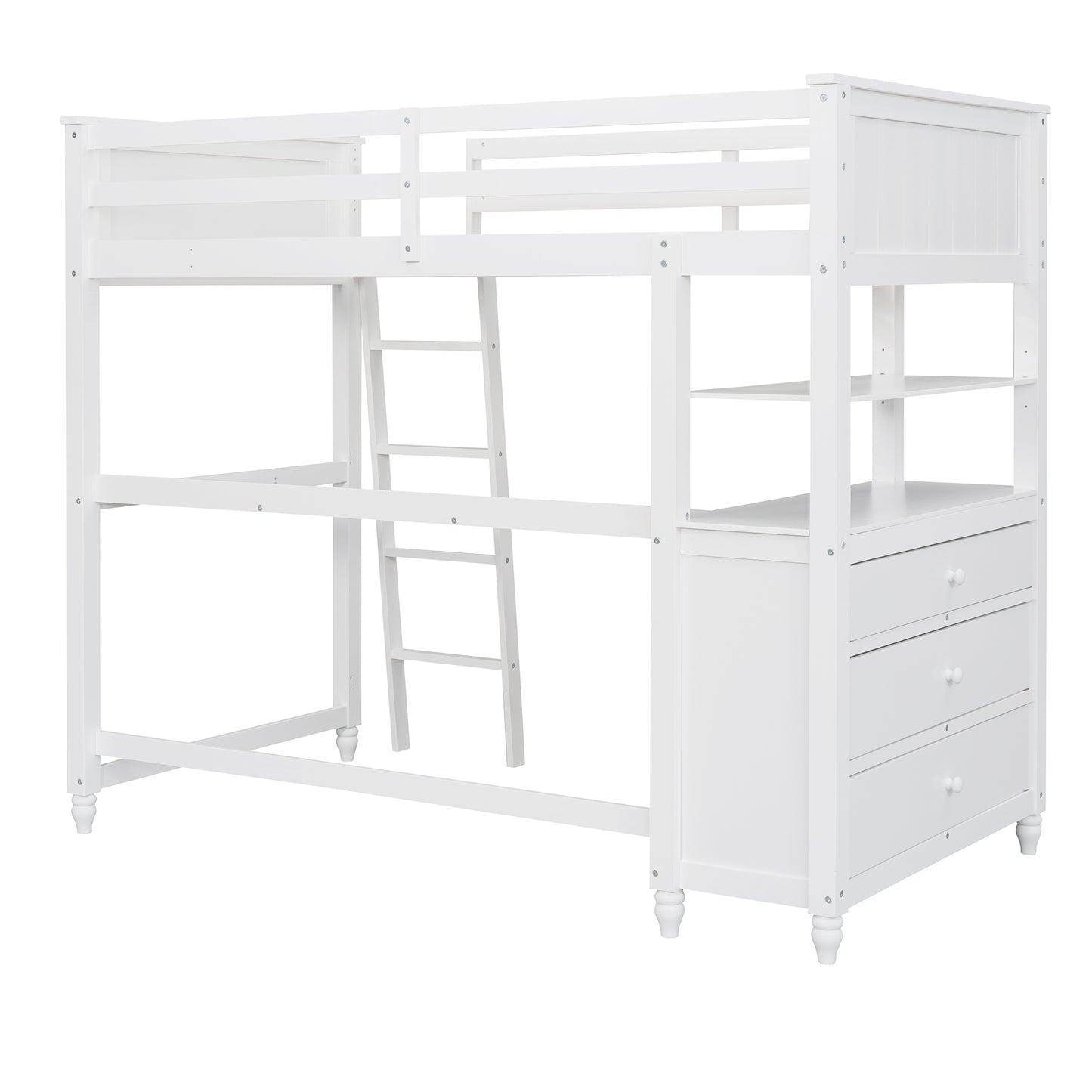 Twin size Loft Bed with Drawers and Desk, Wooden Loft Bed with Shelves - White