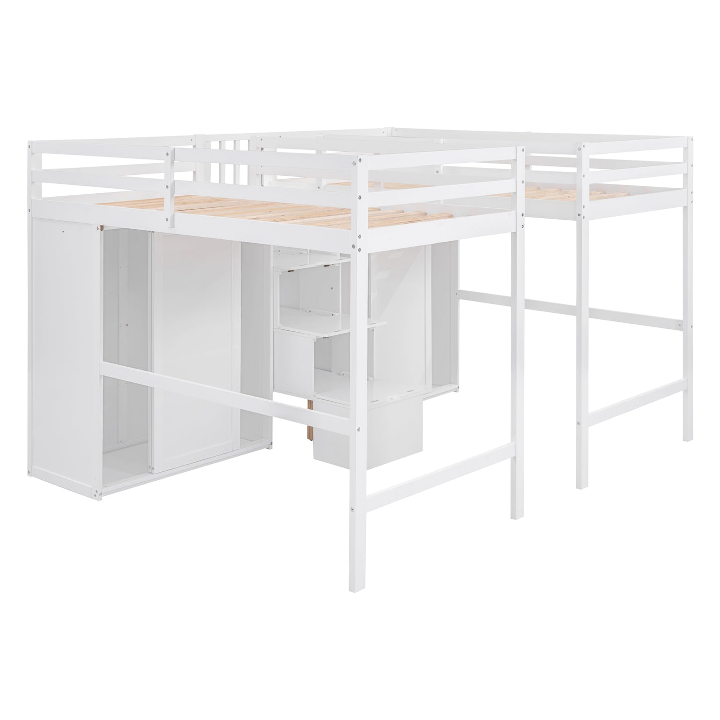 Double Twin Loft Beds with Wardrobes and Staircase, White