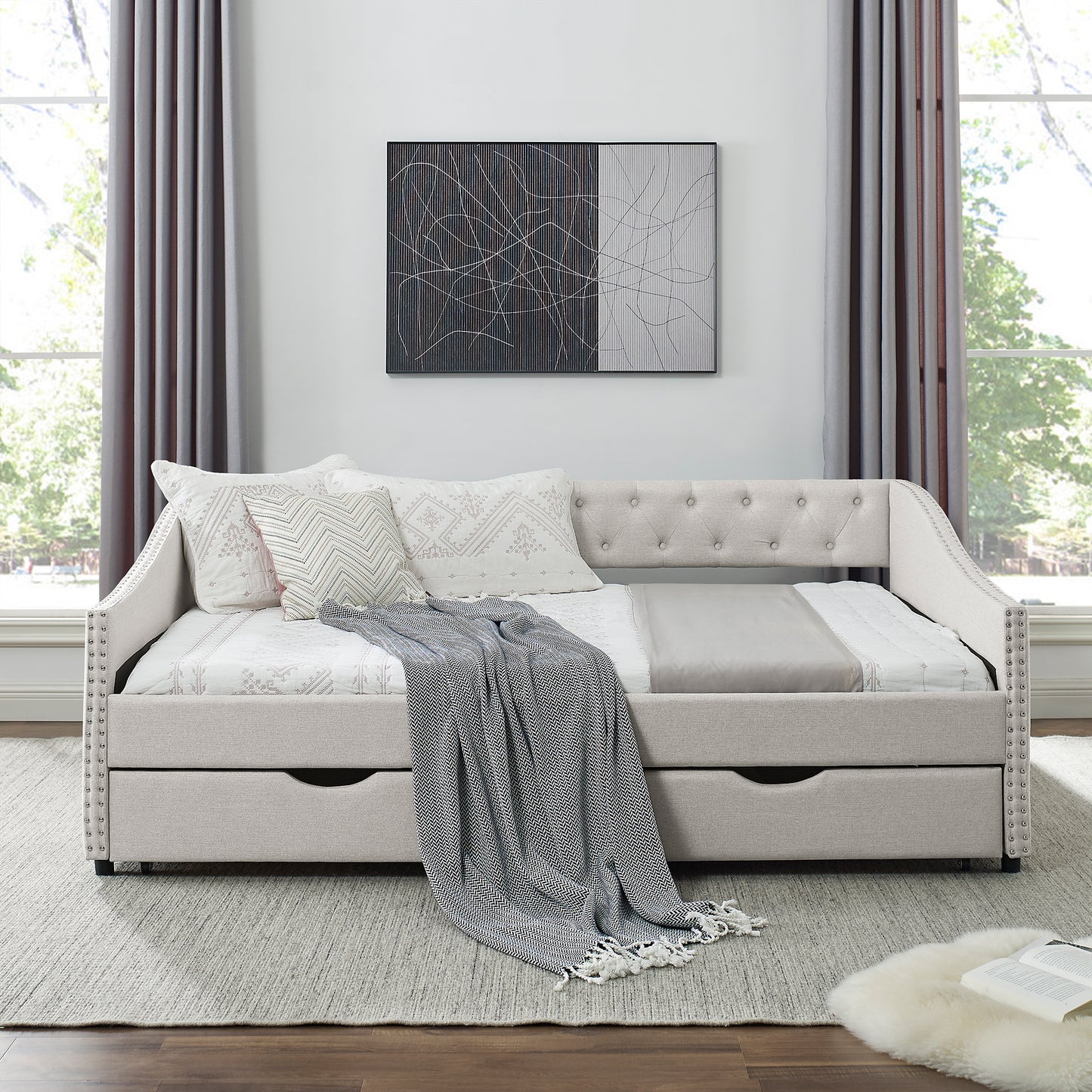 Full Size Daybed with Drawers Upholstered Tufted Sofa Bed, with Button on Back and Copper Nail on Waved Shape Arms, Beige (80.5''x55.5''x27.5'')