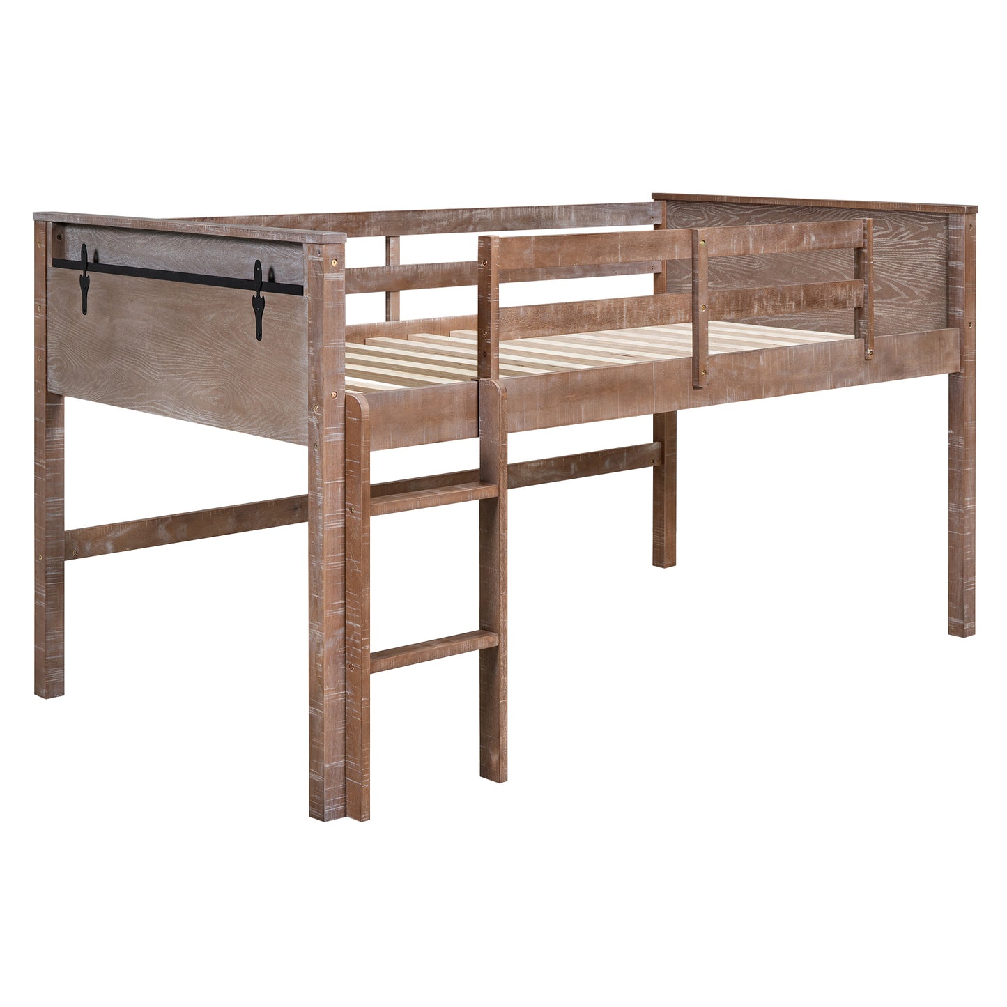 Wood Full Size Loft Bed with Hanging Clothes Racks, White Rustic Natural