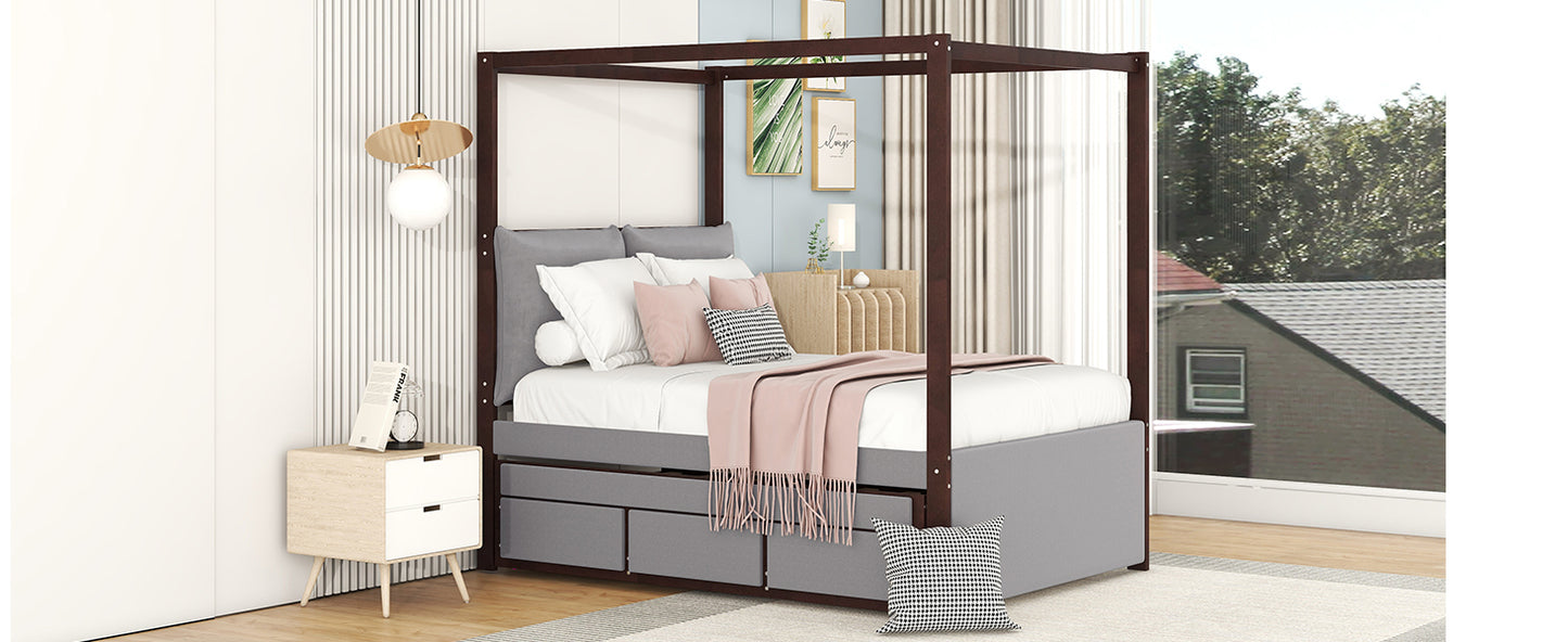 Full Size Upholstered  Canopy Bed with Trundle and 3 Drawers, Gray