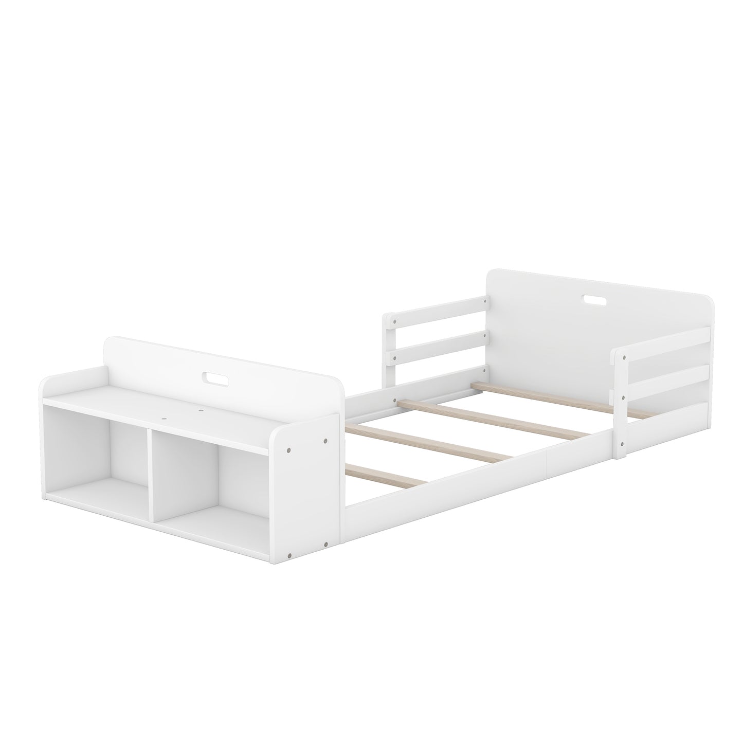 Twin Size Floor Platform Bed with Storage Footboard and Guardrail, White