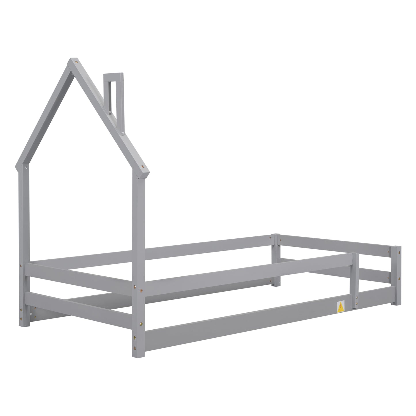 Twin Size Wood Platform bed with House-shaped Headboard & Fences - Gray
