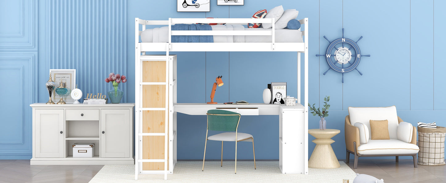 Twin Size Loft Bed with Ladder, Shelves, and Desk, White